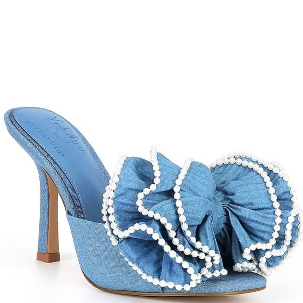 Gianni Bini x Venita Aspen Harlow Denim Pleated Pearl Bow Dress Sandals